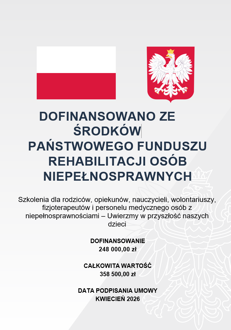 Informacja o projekcie: dofinansowano ze strony PFRON, w tle godło i flaga Polski Informacja o projekcie: dofinansowano ze strony PFRON, w tle godło i flaga Polski