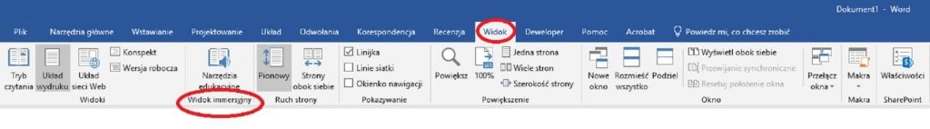 Rysunek 1 – Widok Paska narzędzi w Word z zaznaczonymi opcjami Widok oraz Widok immersyjny. Rysunek 1 – Widok Paska narzędzi w Word z zaznaczonymi opcjami Widok oraz Widok immersyjny.