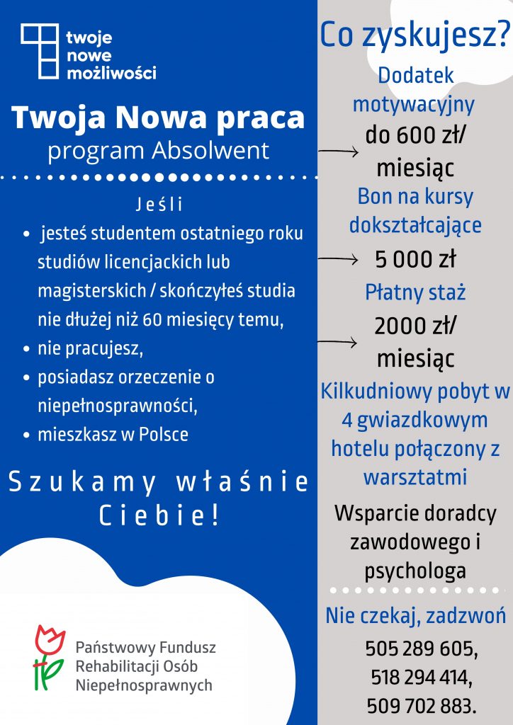 Plakat nr 2 - Twoja Nowa Praca - program absolwent, Program dla nie zatrudnionych studentów i absolwentów posiadających orzeczenie o niepełnosprawności