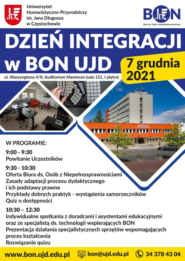 Plakat promujący wydarzenie Dnia Integracji w BON UJD. Logotypy Uniwersytetu i BON, program wydarzenia i dane kontaktowe Biura