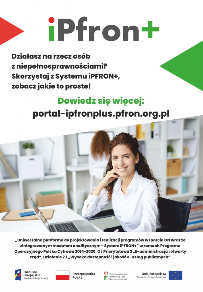 Plakat iPfron+, hasło programu, na zdjęciu uśmiechnięta kobieta przy biurku przed komputerem